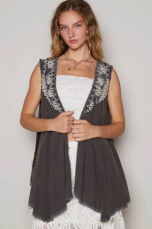 POL Embroidered Pearls Open Front Sleeveless Cardigan - Shop Style & More | Fresh Looks, Everyday Deals & Free Shipping