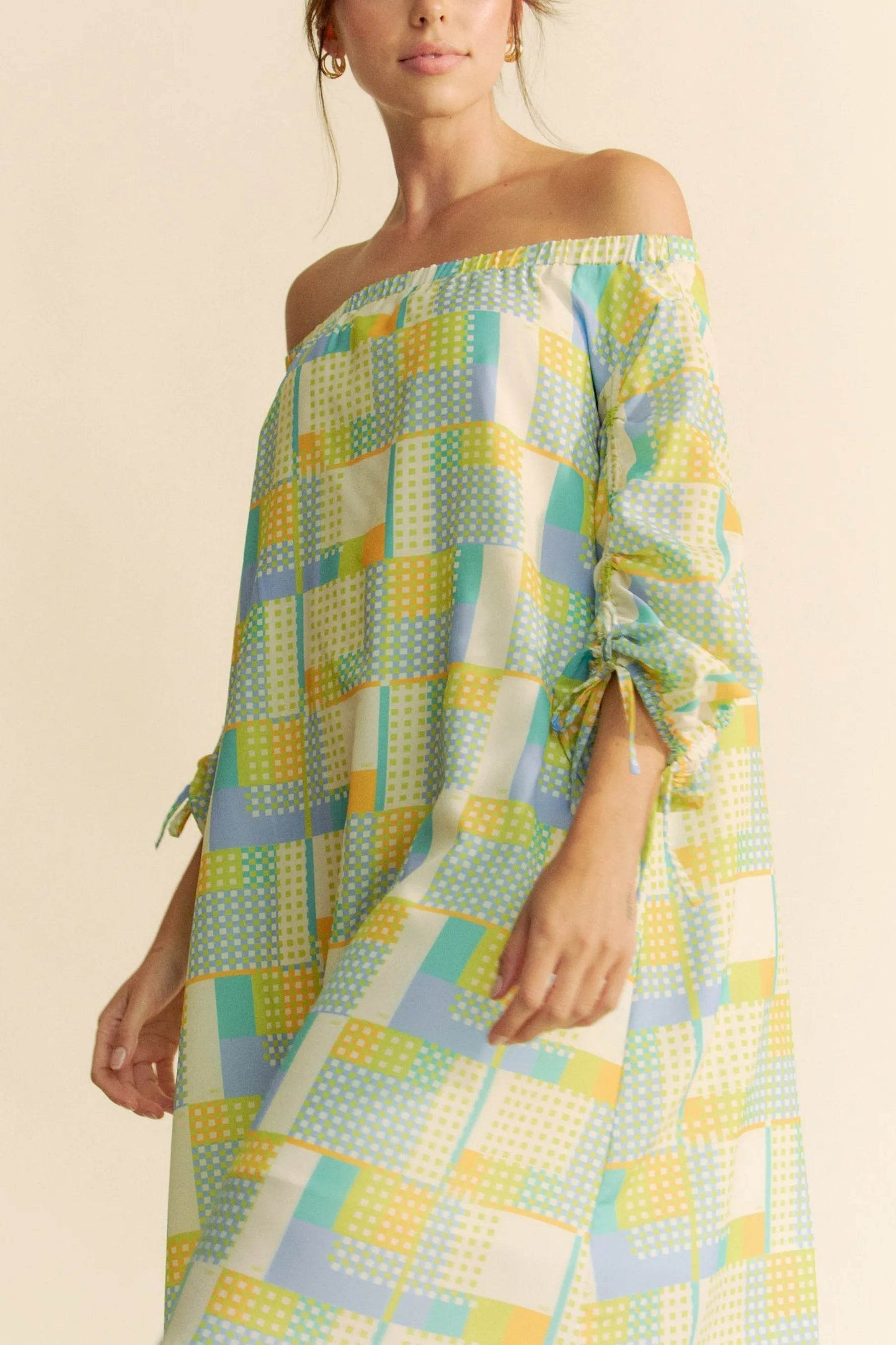 Davi & Dani Printed Off Shoulder Drawstring Sleeve Mini Dress - Shop Style & More | Fresh Looks, Everyday Deals & Free Shipping
