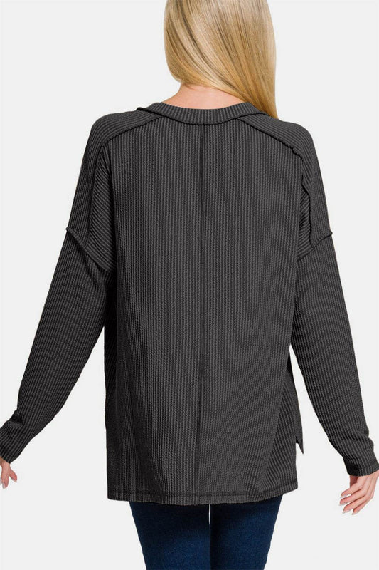 Zenana Texture Exposed Seam V-Neck Long Sleeve T-Shirt - Shop Style & More | Fresh Looks, Everyday Deals & Free Shipping