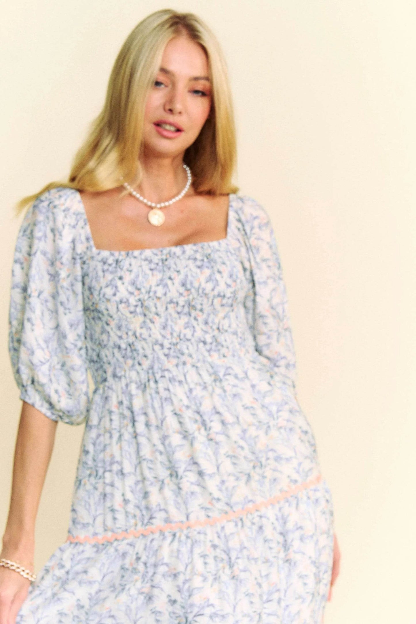 Davi & Dani Contrast Ric Smocking Bodice Tiered Midi Dress - Shop Style & More | Fresh Looks, Everyday Deals & Free Shipping