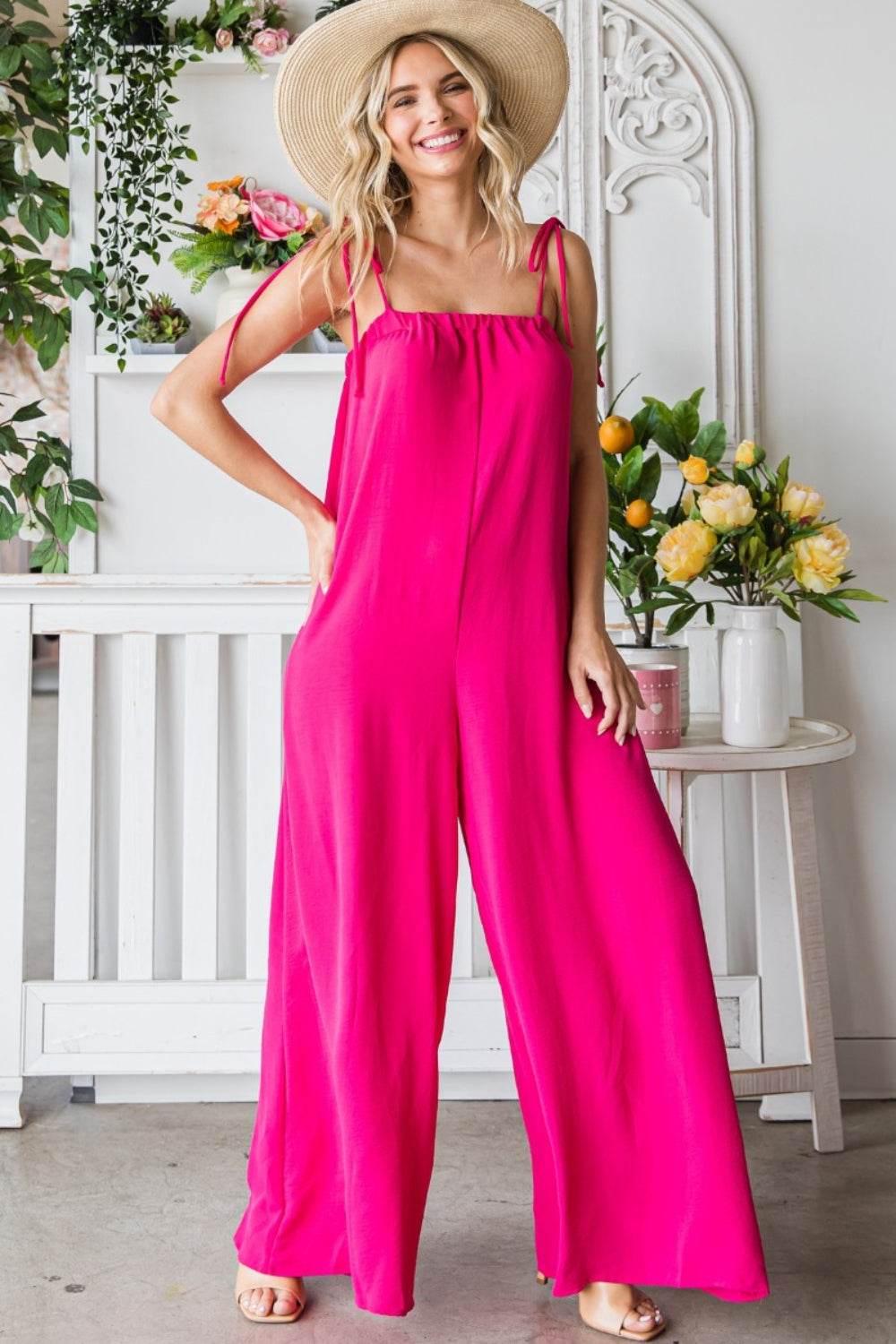 Veveret Pocketed Spaghetti Strap Wide Leg Jumpsuit - Shop Style & More | Fresh Looks, Everyday Deals & Free Shipping