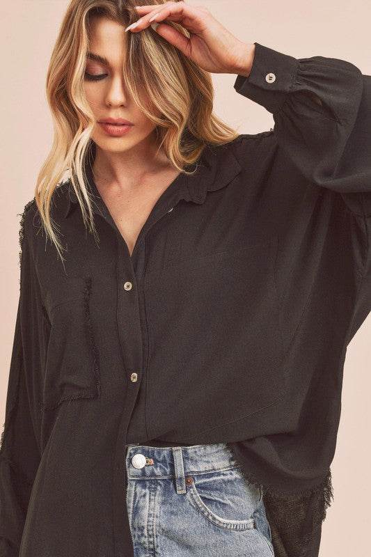 Aemi + Co Raw Edge Exposed Seam Collared Neck Long Sleeve Shirt - Shop Style & More | Fresh Looks, Everyday Deals & Free Shipping