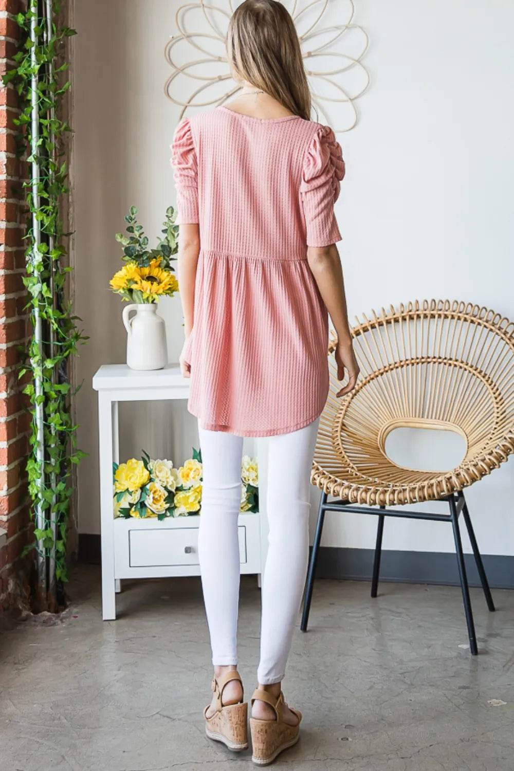 Heimish Full Size Waffle Knit V-Neck Babydoll Top - Shop Style & More | Fresh Looks, Everyday Deals & Free Shipping