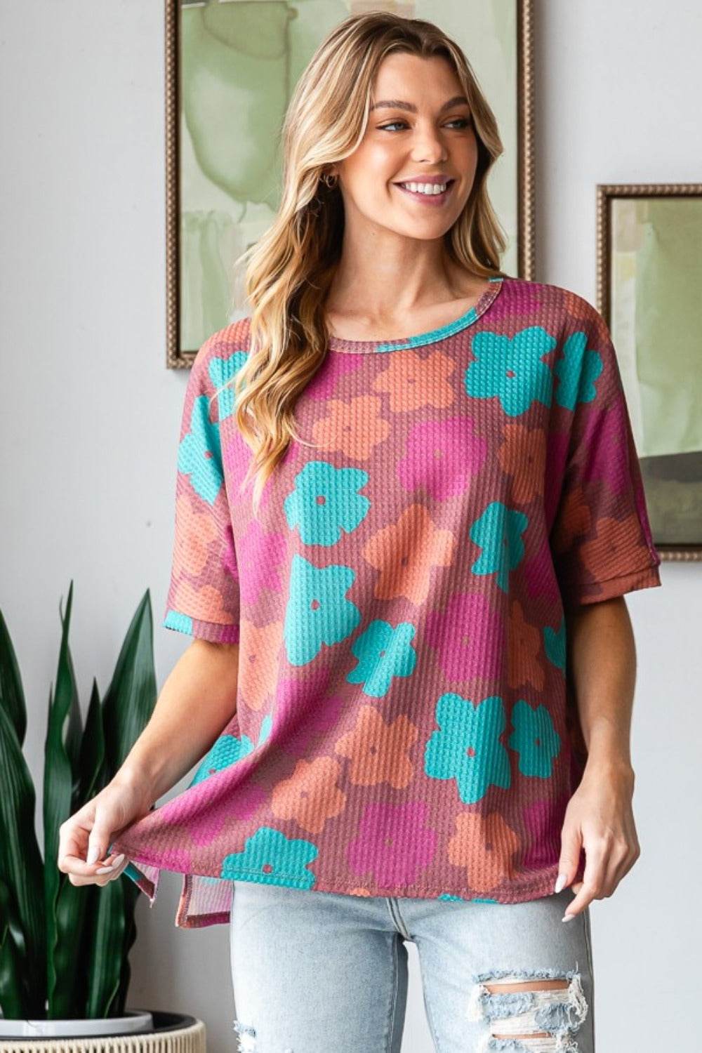 HOPELY Full Size Floral Round Neck Side Slit T-Shirt - Shop Style & More | Fresh Looks, Everyday Deals & Free Shipping