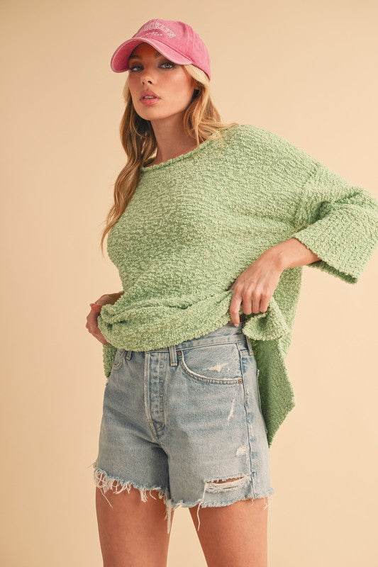 Aemi + Co Side Slit Ribbed Hem Round Neck Sweater - Shop Style & More | Fresh Looks, Everyday Deals & Free Shipping