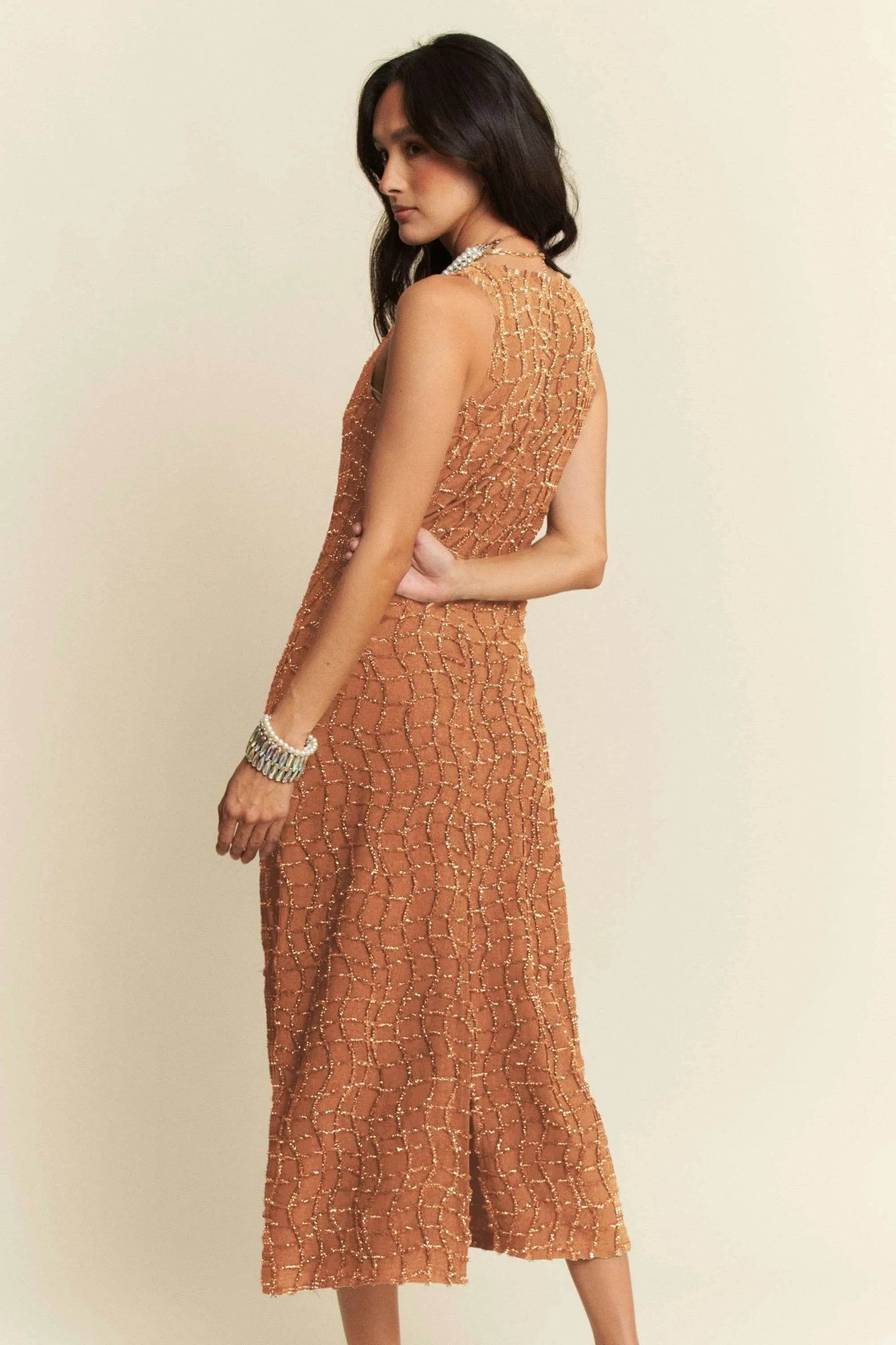 Davi & Dani Golden Textured Zippered Midi Dress - Shop Style & More | Fresh Looks, Everyday Deals & Free Shipping