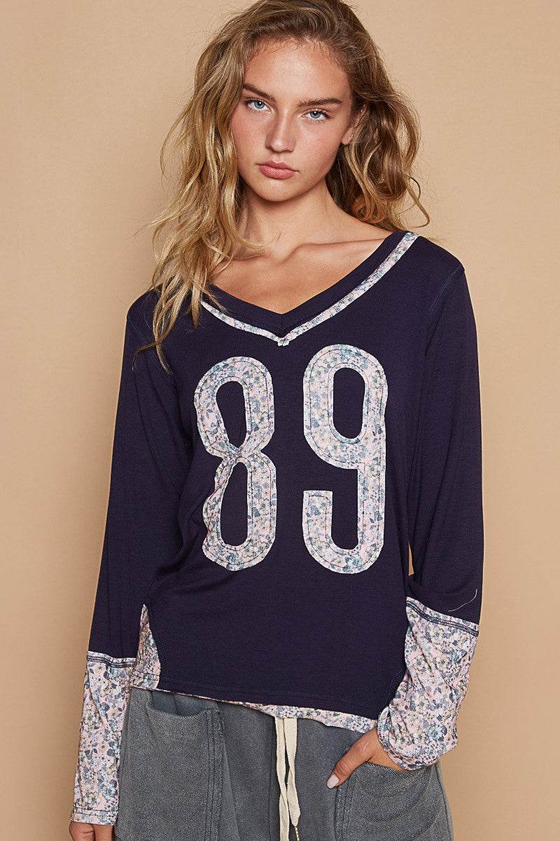 POL V-Neck Long Sleeve Floral Number Patch T-Shirt - Shop Style & More | Fresh Looks, Everyday Deals & Free Shipping