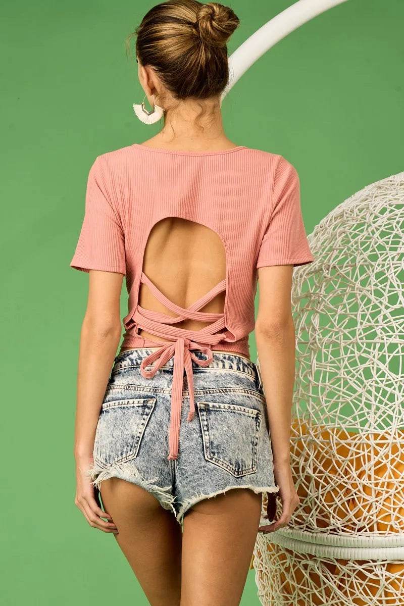 BiBi Rib Knit with Back Cross and Tied Detailed Top - Shop Style & More | Fresh Looks, Everyday Deals & Free Shipping