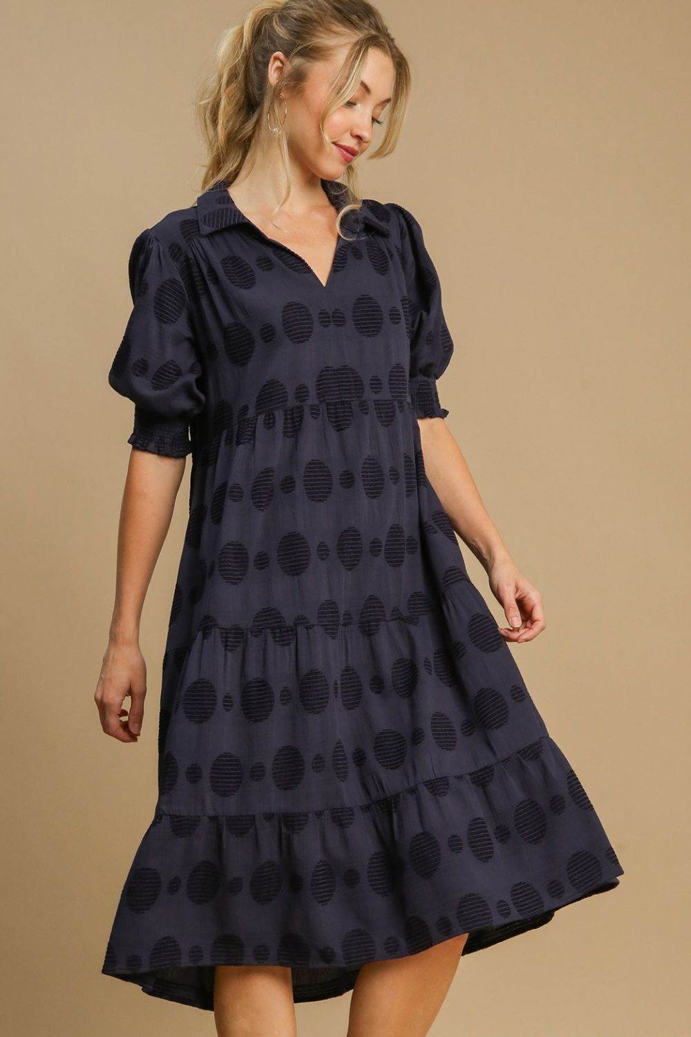 Umgee Full Size Swiss Dot Jacquard Tiered Midi Dress Plus Size - Shop Style & More | Fresh Looks, Everyday Deals & Free Shipping
