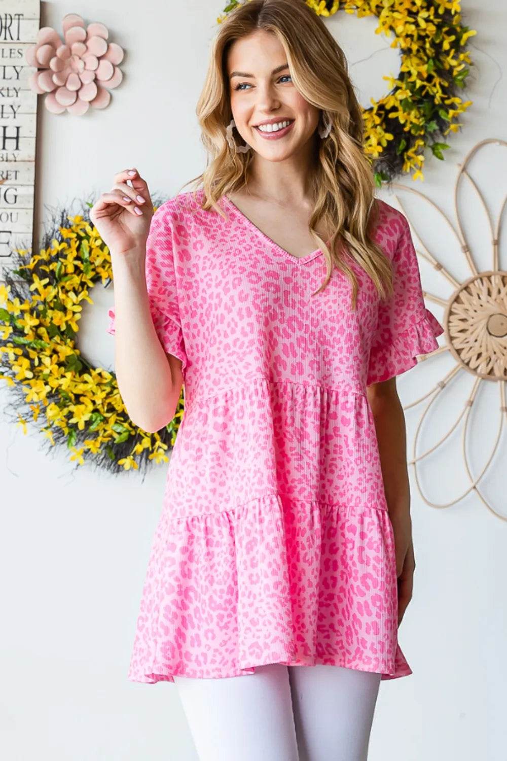Heimish Full Size Leopard Ruffle Trim Short Sleeve Top - Shop Style & More | Fresh Looks, Everyday Deals & Free Shipping