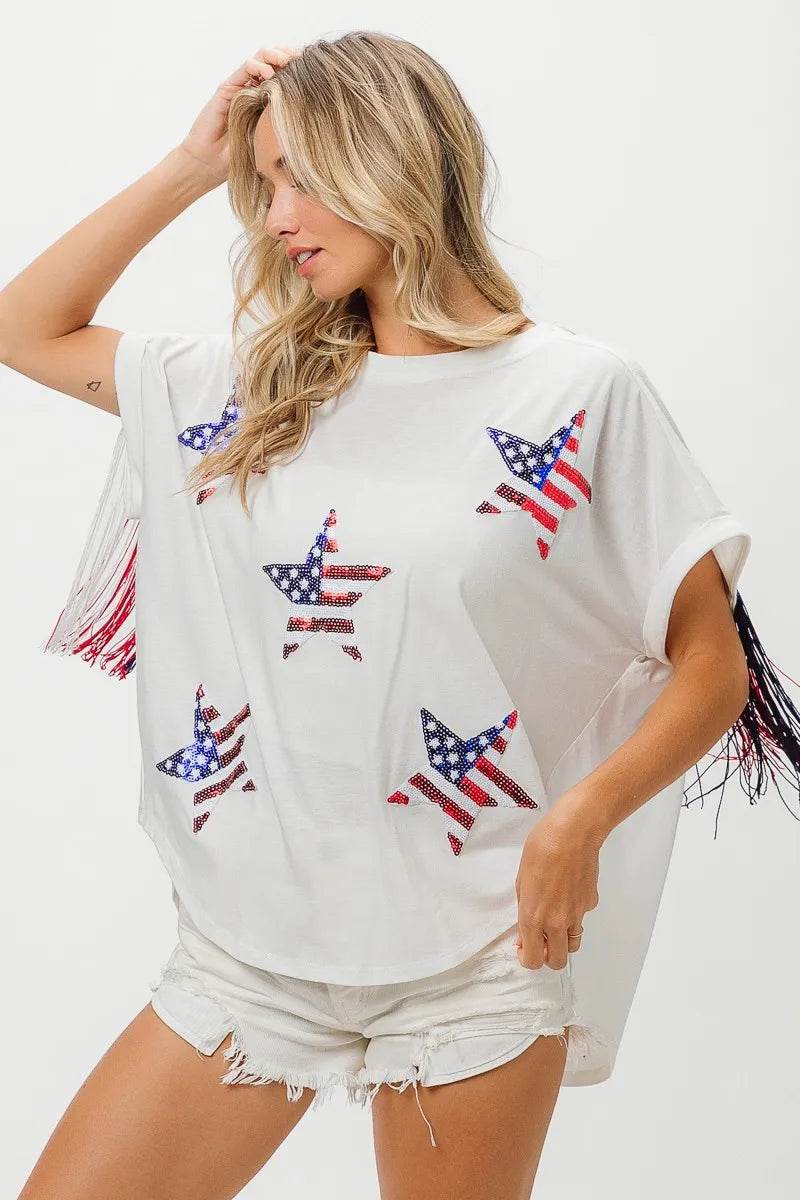 BiBi American Flag Sequin Star Fringe Top - Shop Style & More | Fresh Looks, Everyday Deals & Free Shipping