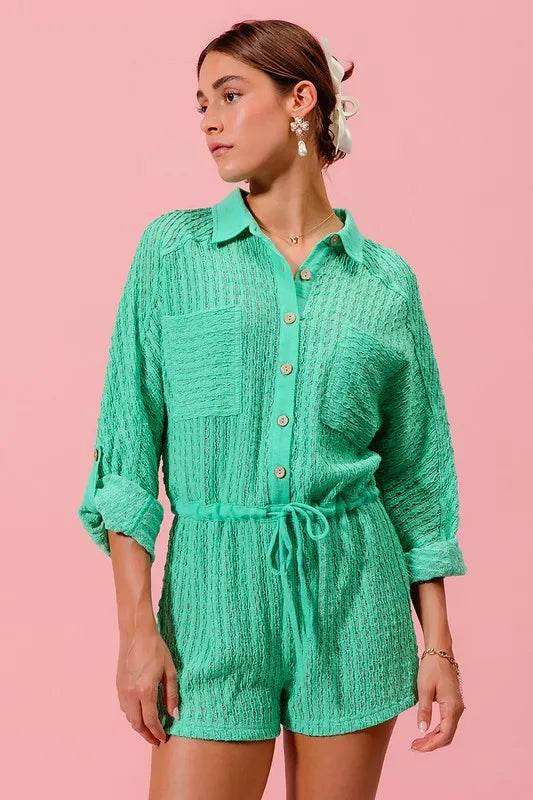SO ME Textured Knit Button Front Romper - Shop Style & More | Fresh Looks, Everyday Deals & Free Shipping