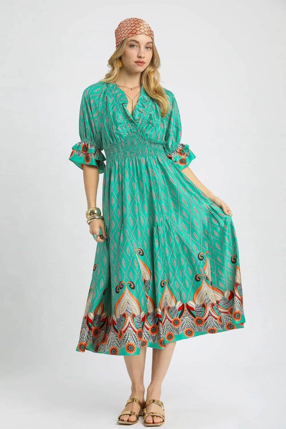 Umgee Printed Smocked Waist Flounce Sleeve Midi Dress - Shop Style & More | Fresh Looks, Everyday Deals & Free Shipping