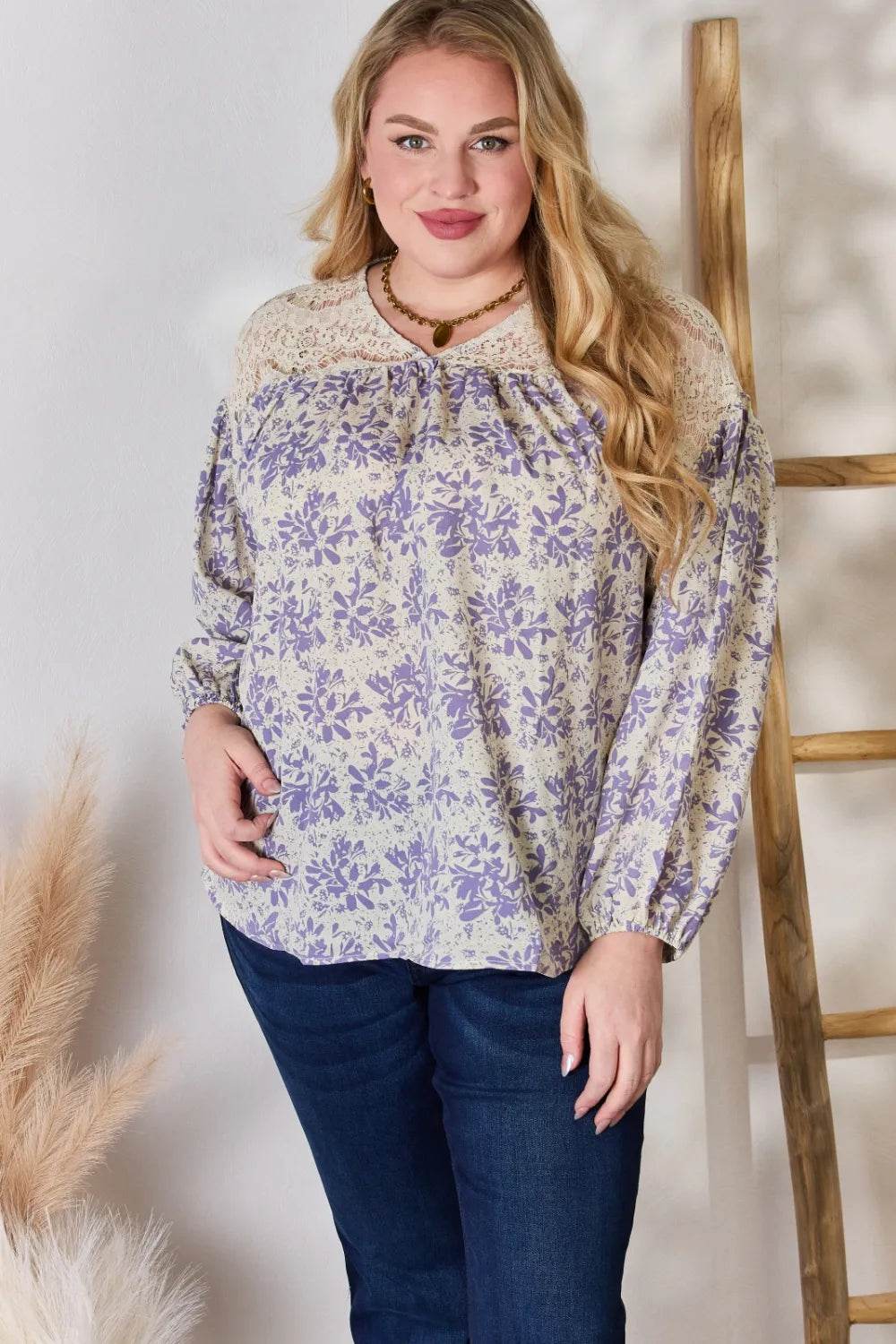 Hailey & Co Full Size Lace Detail Printed Blouse - Shop Style & More | Fresh Looks, Everyday Deals & Free Shipping