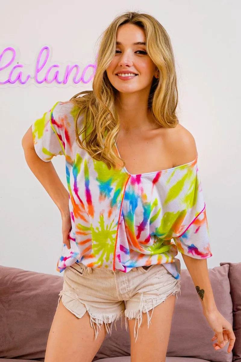 BiBi Tie Dye Print Jersey Stitched V Neck Top - Shop Style & More | Fresh Looks, Everyday Deals & Free Shipping