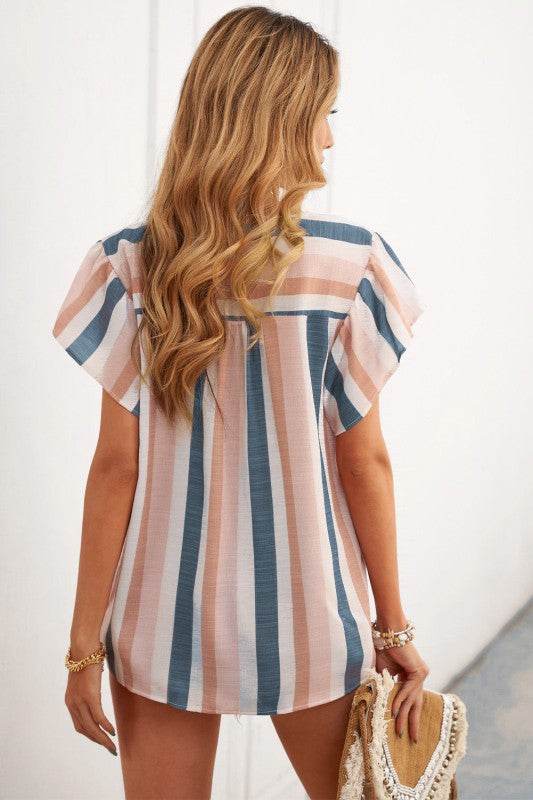 Arlette Split Neck Pleated Ruffled Short Sleeves T - Shop Style & More | Fresh Looks, Everyday Deals & Free Shipping