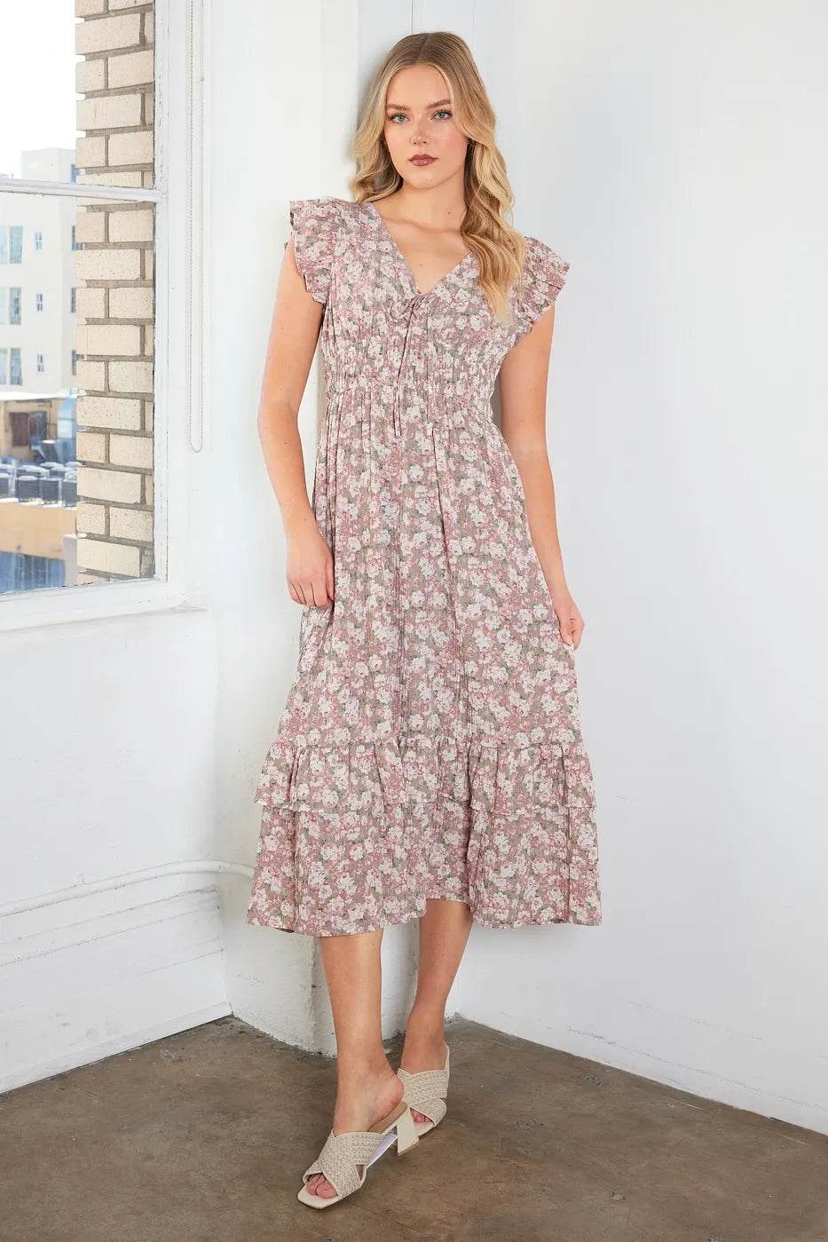Mittoshop Flower Print Ruffle Cap Sleeve V-neck Midi Dress - Shop Style & More | Fresh Looks, Everyday Deals & Free Shipping