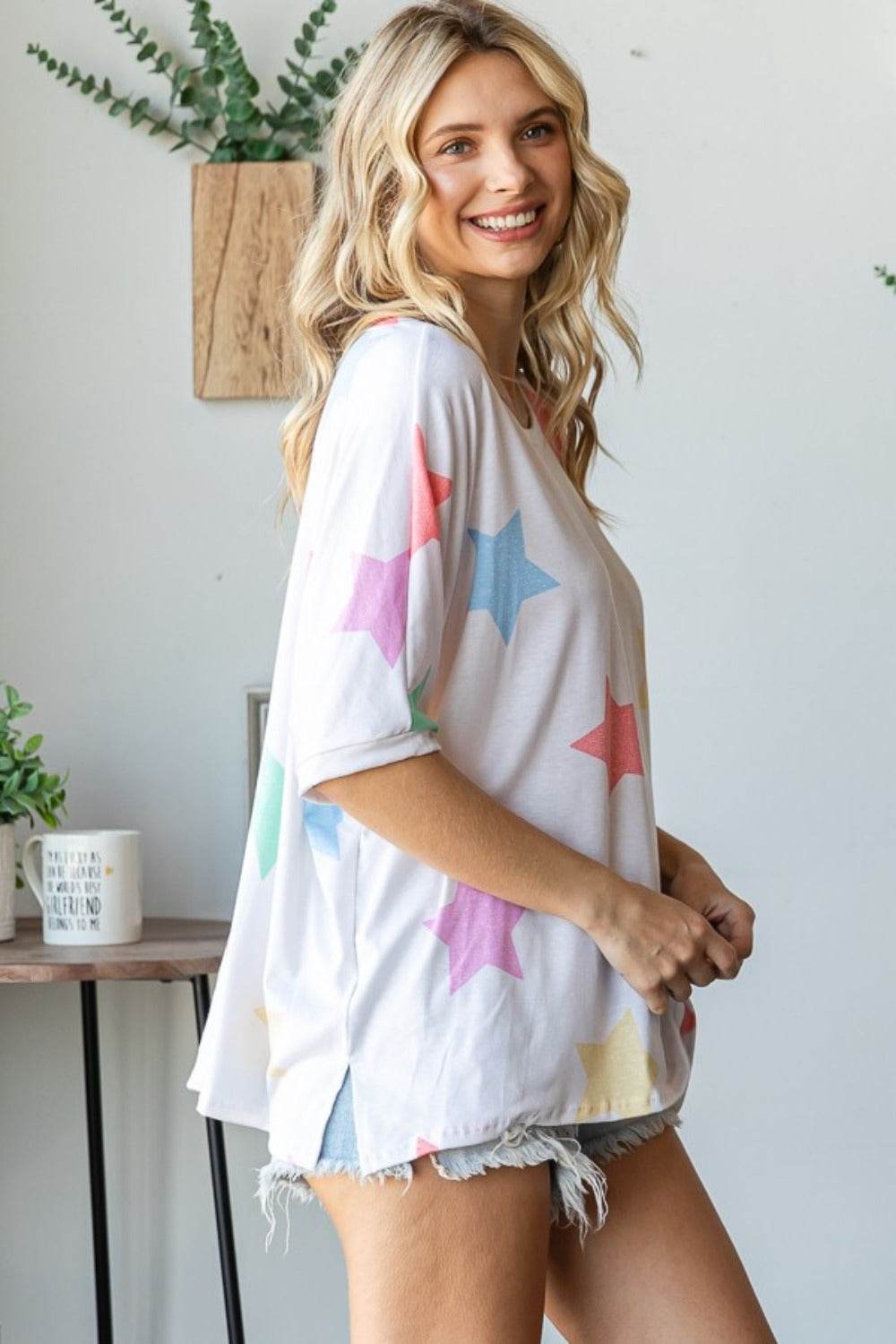 HOPELY Full Size Multi Colored Star Print T-Shirt - Shop Style & More | Fresh Looks, Everyday Deals & Free Shipping