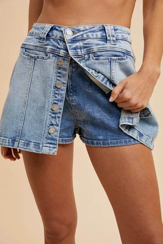 Annie Wear Button Detail Stretch Denim Wrap Mini Skort - Shop Style & More | Fresh Looks, Everyday Deals & Free Shipping