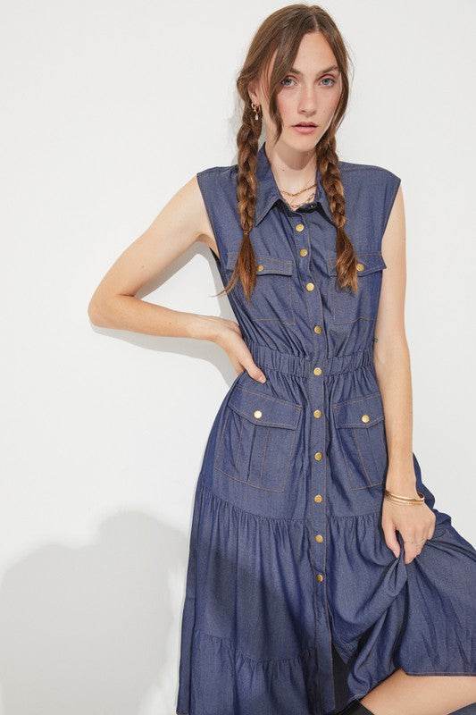 PLUS SLEEVELESS BUTTON DOWN COLLARED DENIM DRESS - Shop Style & More | Fresh Looks, Everyday Deals & Free Shipping