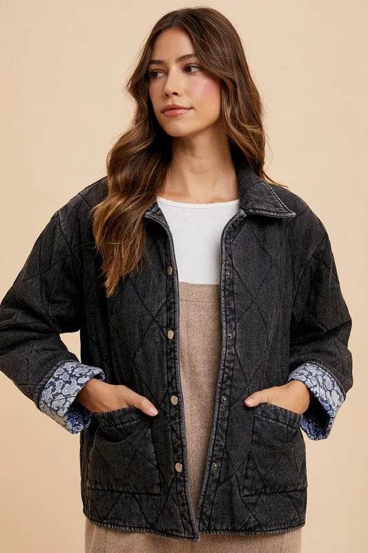 Annie Wear Quilted Printed Lining Snap Down Denim Jacket - Shop Style & More | Fresh Looks, Everyday Deals & Free Shipping