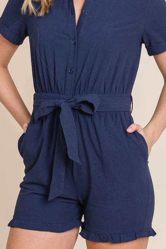 Lime 'N' Chili Collared Button Down Romper with Tie Belt - Shop Style & More | Fresh Looks, Everyday Deals & Free Shipping