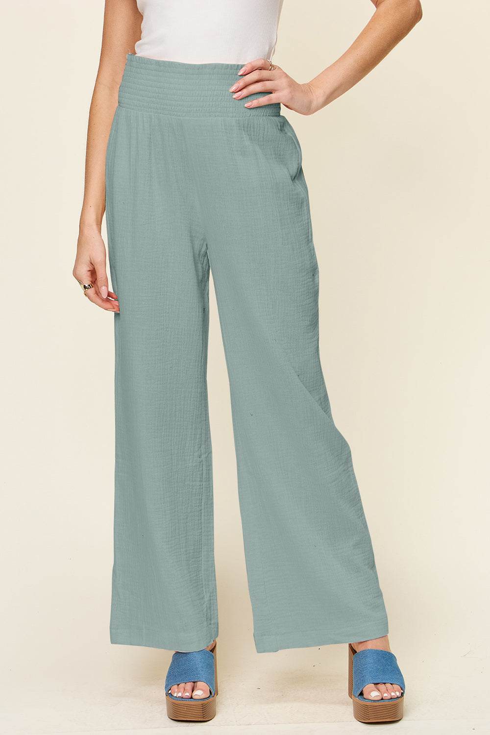 Double Take Full Size Texture Smocked Waist Wide Leg Pants - Shop Style & More | Fresh Looks, Everyday Deals & Free Shipping