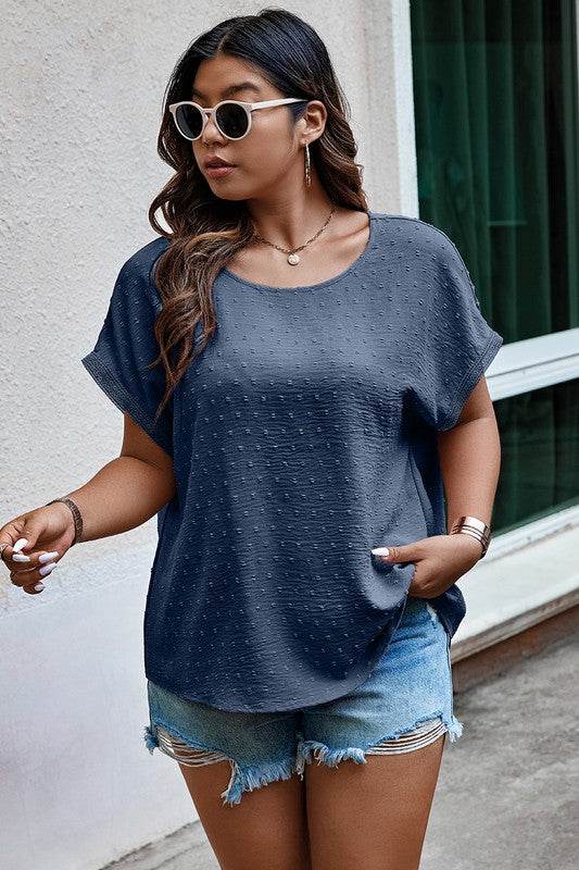 Plus Size Swiss Dot Solid Round Neck Loose Shirt - Shop Style & More | Fresh Looks, Everyday Deals & Free Shipping