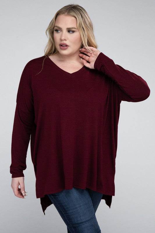 Plus Dolman Sleeve V-Neck Side Slit Hi-Low Hem Top - Shop Style & More | Fresh Looks, Everyday Deals & Free Shipping