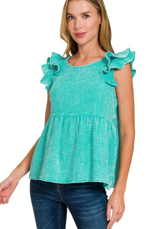 Zenana Double Gauze Acid Washed Tiered Ruffle Peplum Top - Shop Style & More | Fresh Looks, Everyday Deals & Free Shipping