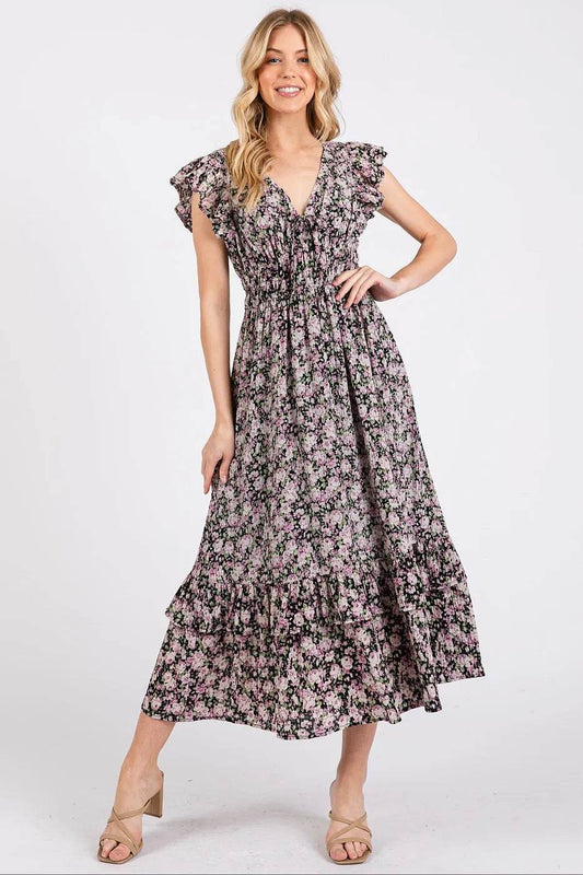 Mittoshop Flower Print Ruffle Cap Sleeve V-neck Midi Dress - Shop Style & More | Fresh Looks, Everyday Deals & Free Shipping