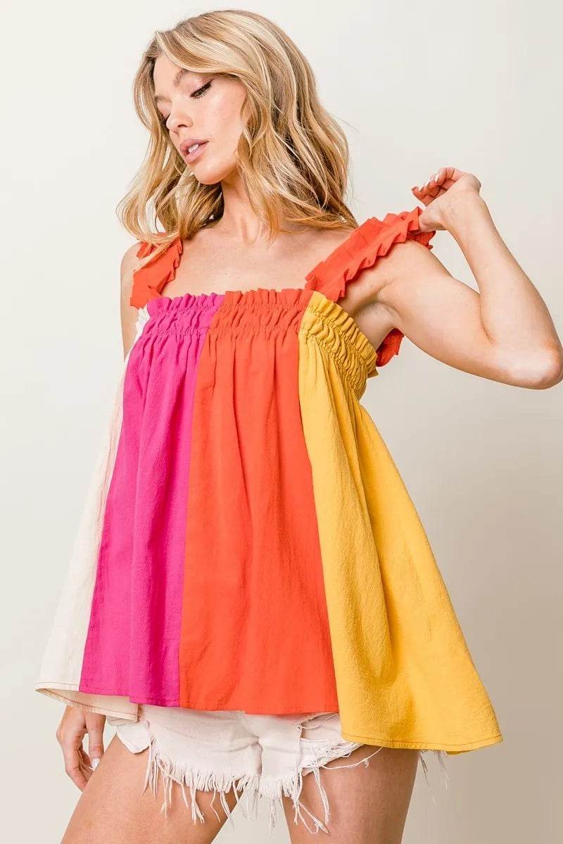 BiBi Frill Shoulder Strap Color Block Bodice Top - Shop Style & More | Fresh Looks, Everyday Deals & Free Shipping