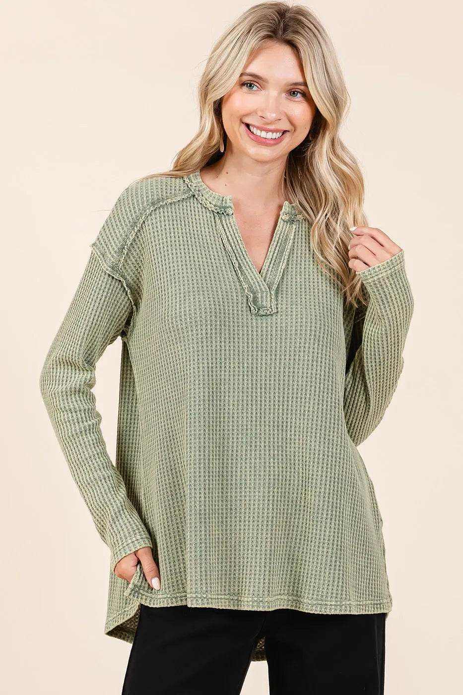 Mittoshop Mineral Wash Waffle Knit V-Neck Long Sleeve Top - Shop Style & More | Fresh Looks, Everyday Deals & Free Shipping