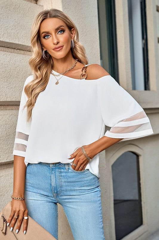 One Shoulder Lace Bell Sleeve Loose Tunic Shirt - Shop Style & More | Fresh Looks, Everyday Deals & Free Shipping