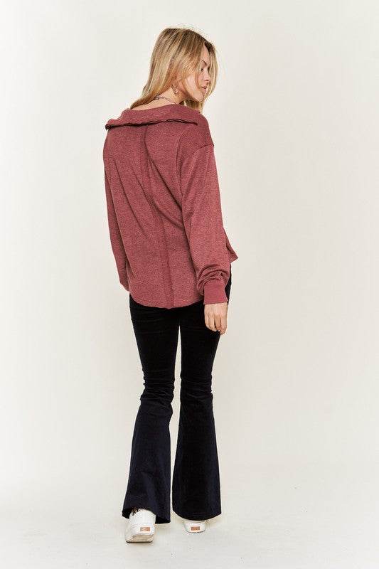 Deep V-neck Collared Long sleeve Knit Top JJT1024 - Shop Style & More | Fresh Looks, Everyday Deals & Free Shipping