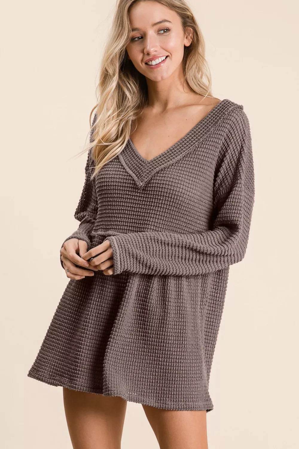 BiBi Waffle Knit V-Neck Babydoll Blouse - Shop Style & More | Fresh Looks, Everyday Deals & Free Shipping