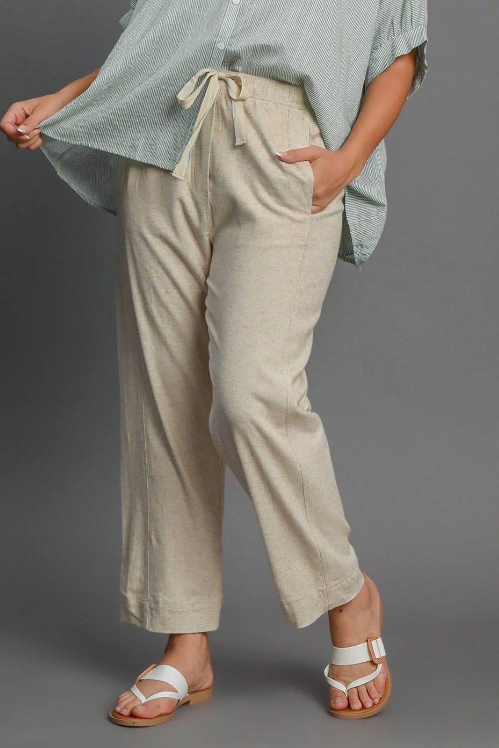 Umgee Full Size Drawstring Elastic Waistband Linen Blend Pants Plus Size - Shop Style & More | Fresh Looks, Everyday Deals & Free Shipping