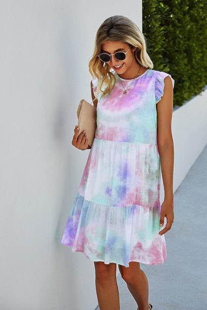 Crew Neck Tie Dye Ruffle Short Dress - Shop Style & More | Fresh Looks, Everyday Deals & Free Shipping