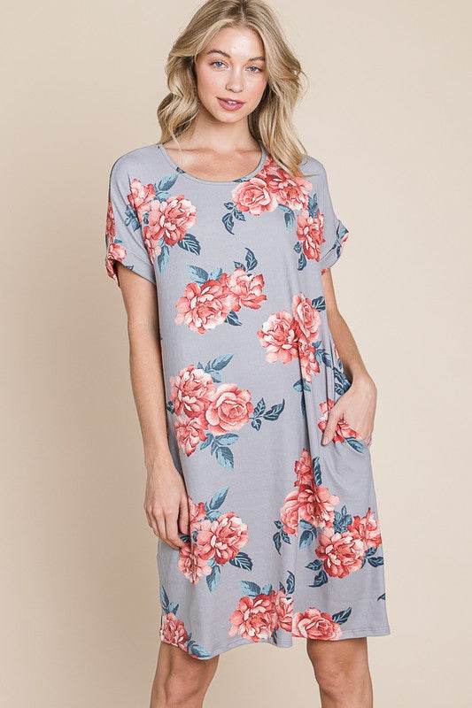 BOMBOM Floral Round Neck Short Tee Dress with Pockets - Shop Style & More | Fresh Looks, Everyday Deals & Free Shipping