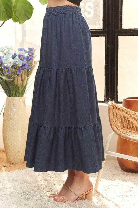ADORA Waist Band Tiered Denim Maxi Skirt - Shop Style & More | Fresh Looks, Everyday Deals & Free Shipping
