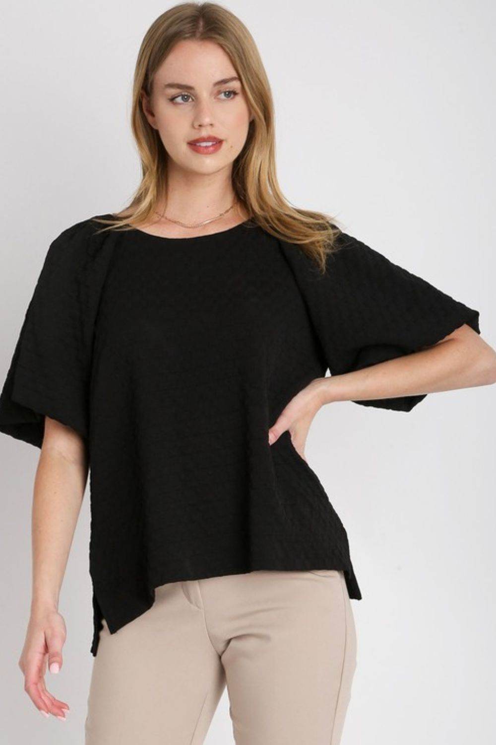 Umgee Full Size Boxy Cut Jacquard Round Neck Top with Side Slit Plus Size - Shop Style & More | Fresh Looks, Everyday Deals & Free Shipping