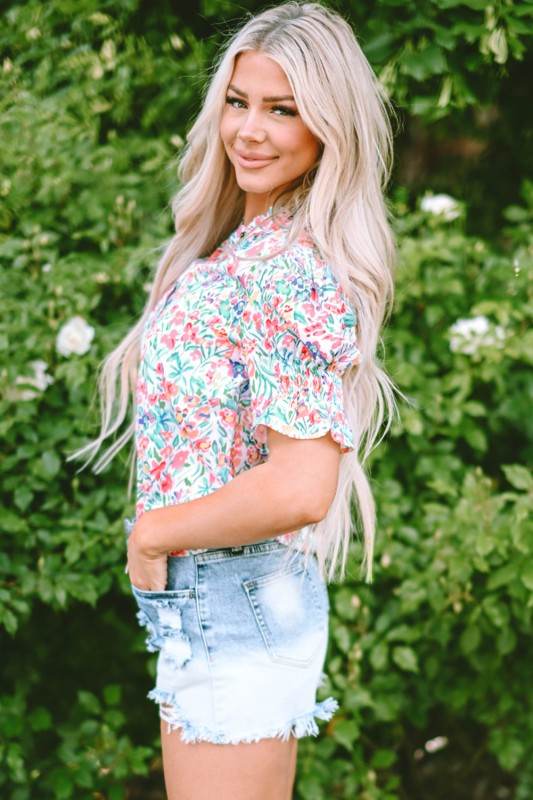 Azaria Floral Print Button Split Neck Puff Sleeve - Shop Style & More | Fresh Looks, Everyday Deals & Free Shipping