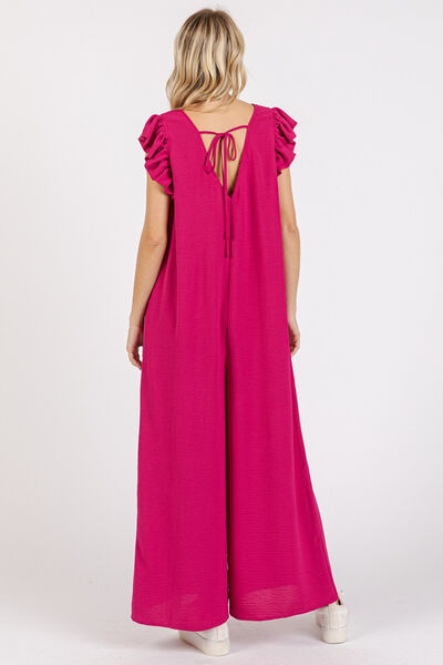 Mittoshop V-Neck Ruffled Cap Sleeve Jumpsuit - Wide Leg Design Jumpsuits
