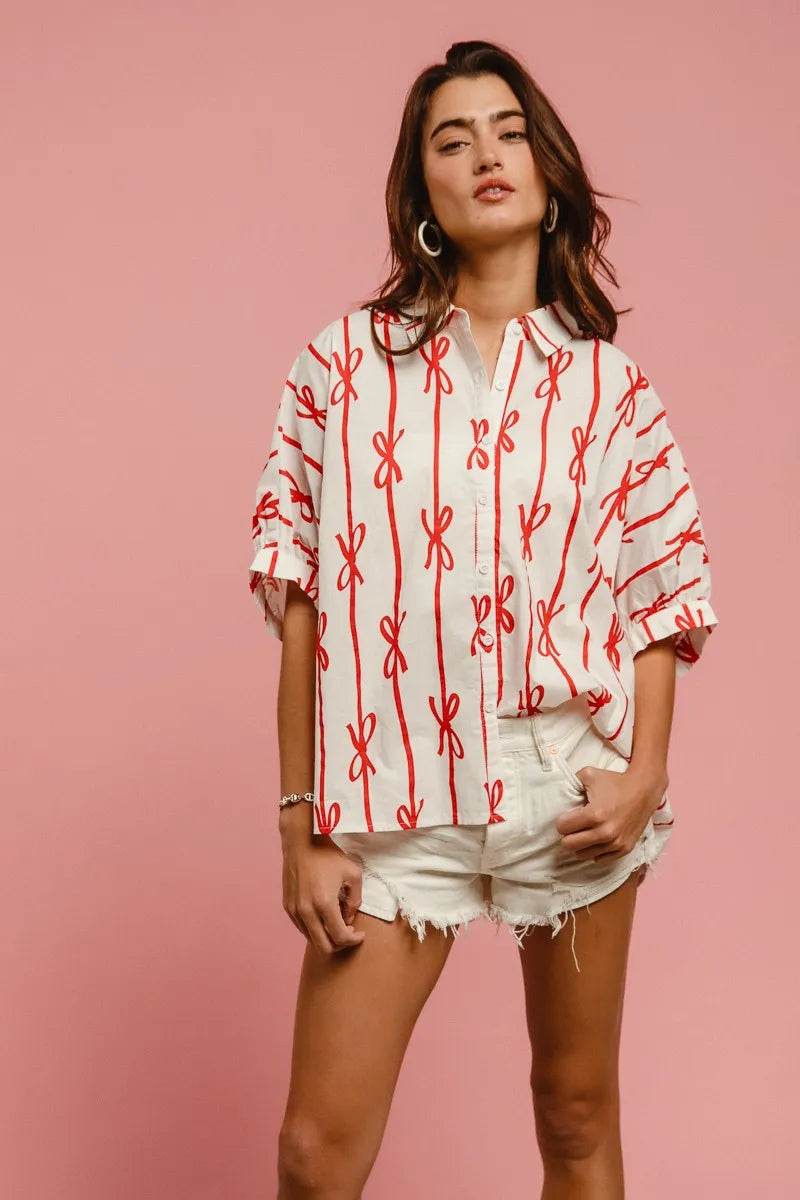 BiBi Bow Ribbon Woven Printed Button Down Shirt - Shop Style & More | Fresh Looks, Everyday Deals & Free Shipping