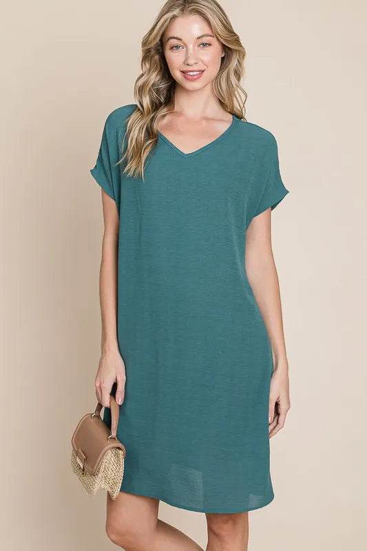 BOMBOM V-Neck Short Sleeve Dress with Pockets - Shop Style & More | Fresh Looks, Everyday Deals & Free Shipping