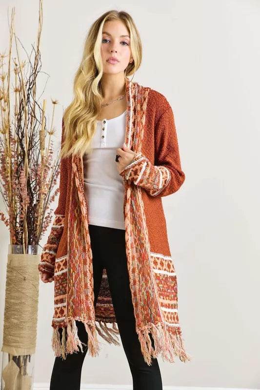 ADORA Full Size Fringe Hem Aztec Border Cardigan Plus Size - Shop Style & More | Fresh Looks, Everyday Deals & Free Shipping