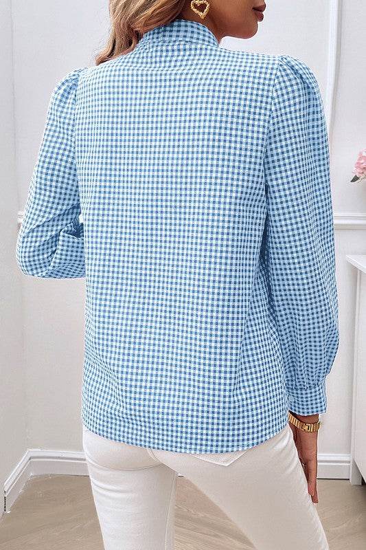 Plaid Puff Sleeves Loose Button Trim Knot Blouse - Shop Style & More | Fresh Looks, Everyday Deals & Free Shipping