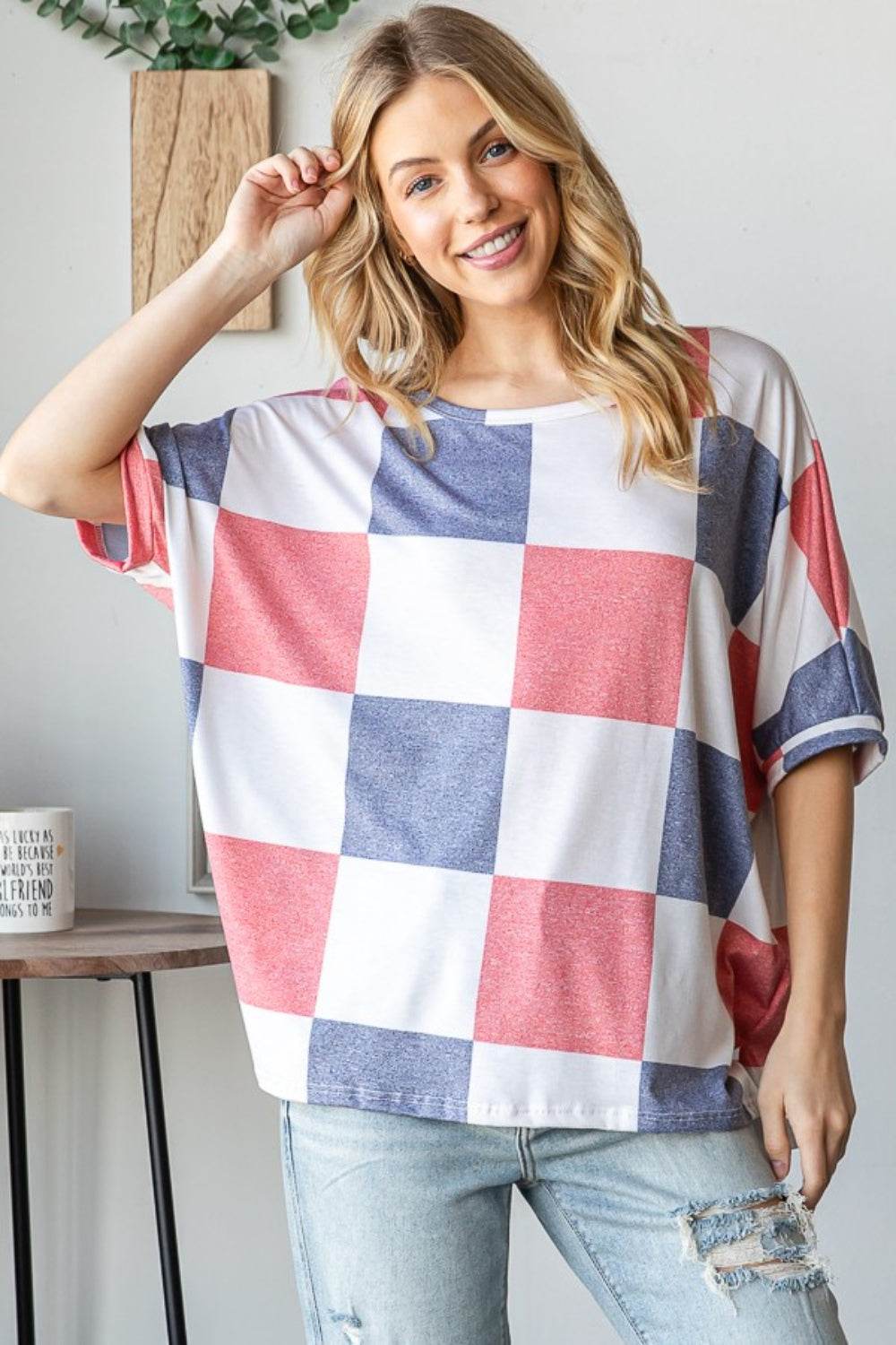 HOPELY Checkered Round Neck Half Sleeve T-Shirt - Shop Style & More | Fresh Looks, Everyday Deals & Free Shipping