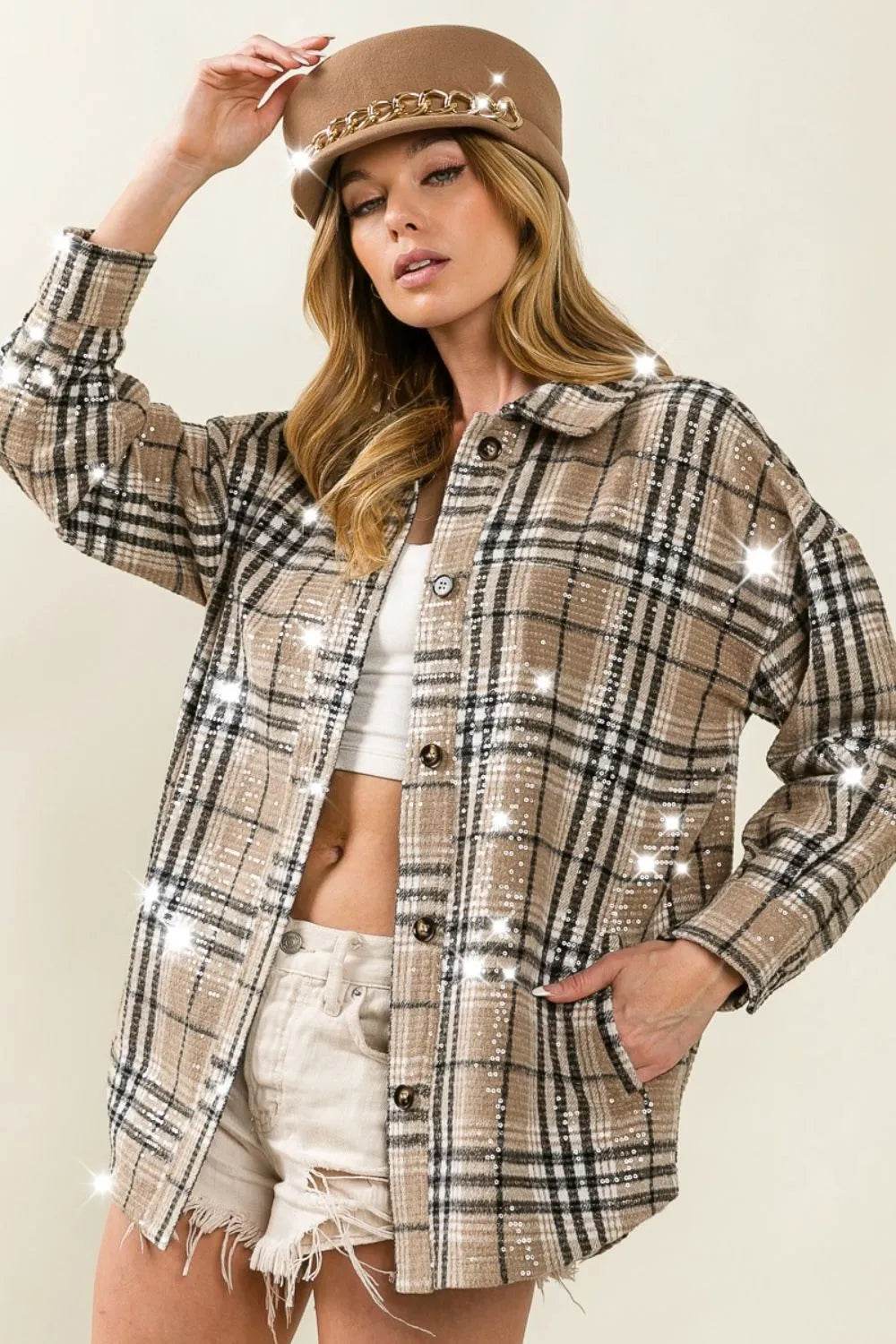 BiBi Allover Clear Sequins Vintage Plaid Jacket - Shop Style & More | Fresh Looks, Everyday Deals & Free Shipping