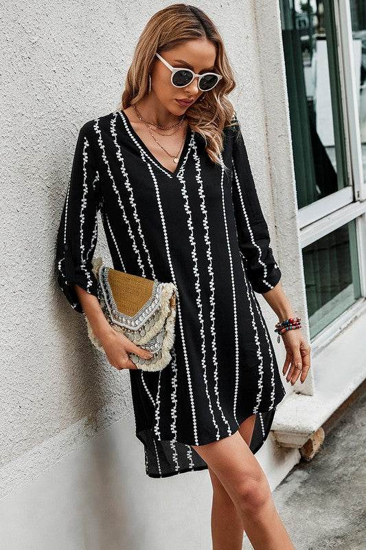 Striped Print Roll Tab Sleeve Tunic Loose Dress - Shop Style & More | Fresh Looks, Everyday Deals & Free Shipping